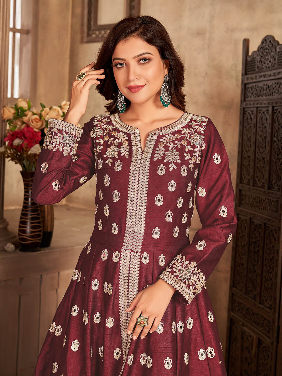 Myra Maroon Art silk Embroidered Pant Style Anarkali Suit | Grocsy