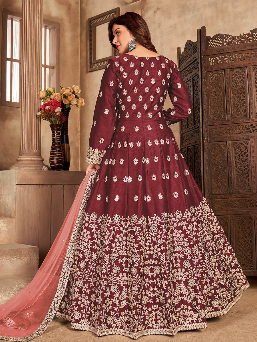Myra Maroon Art silk Embroidered Pant Style Anarkali Suit | Grocsy
