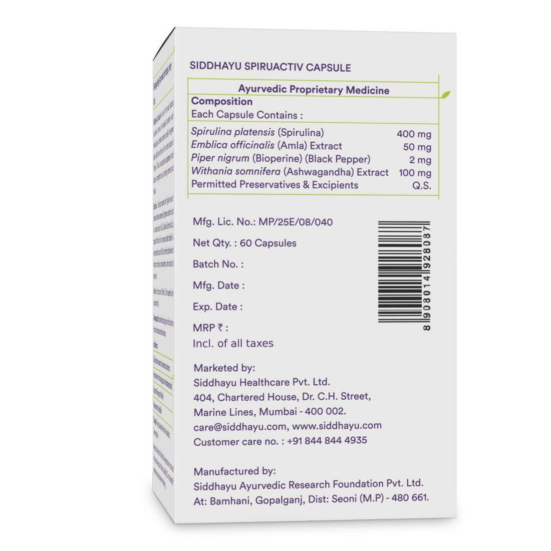 Siddhayu Ayurveda Spiruactiv Capsules with Spirulina | Grocsy