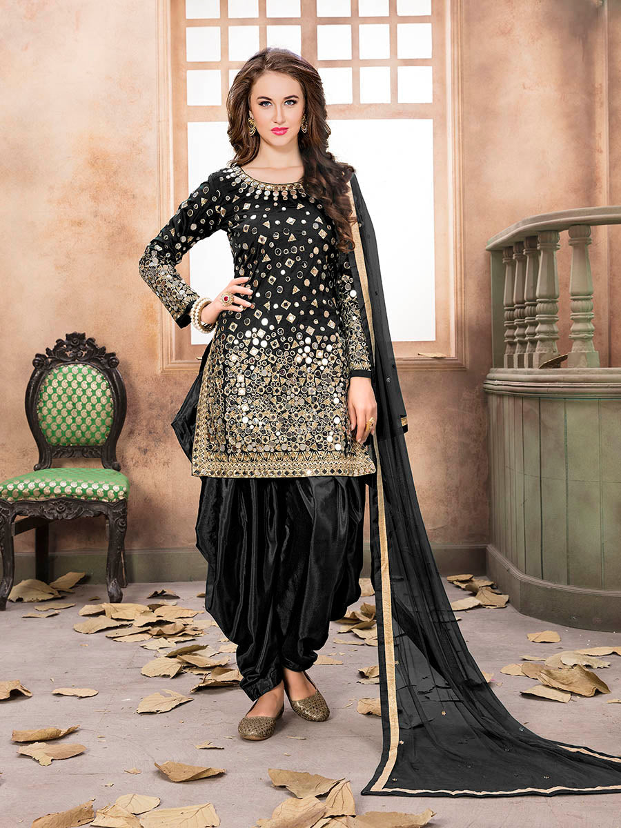 Myra Black Tafeta Silk Patiyala Suit | Grocsy
