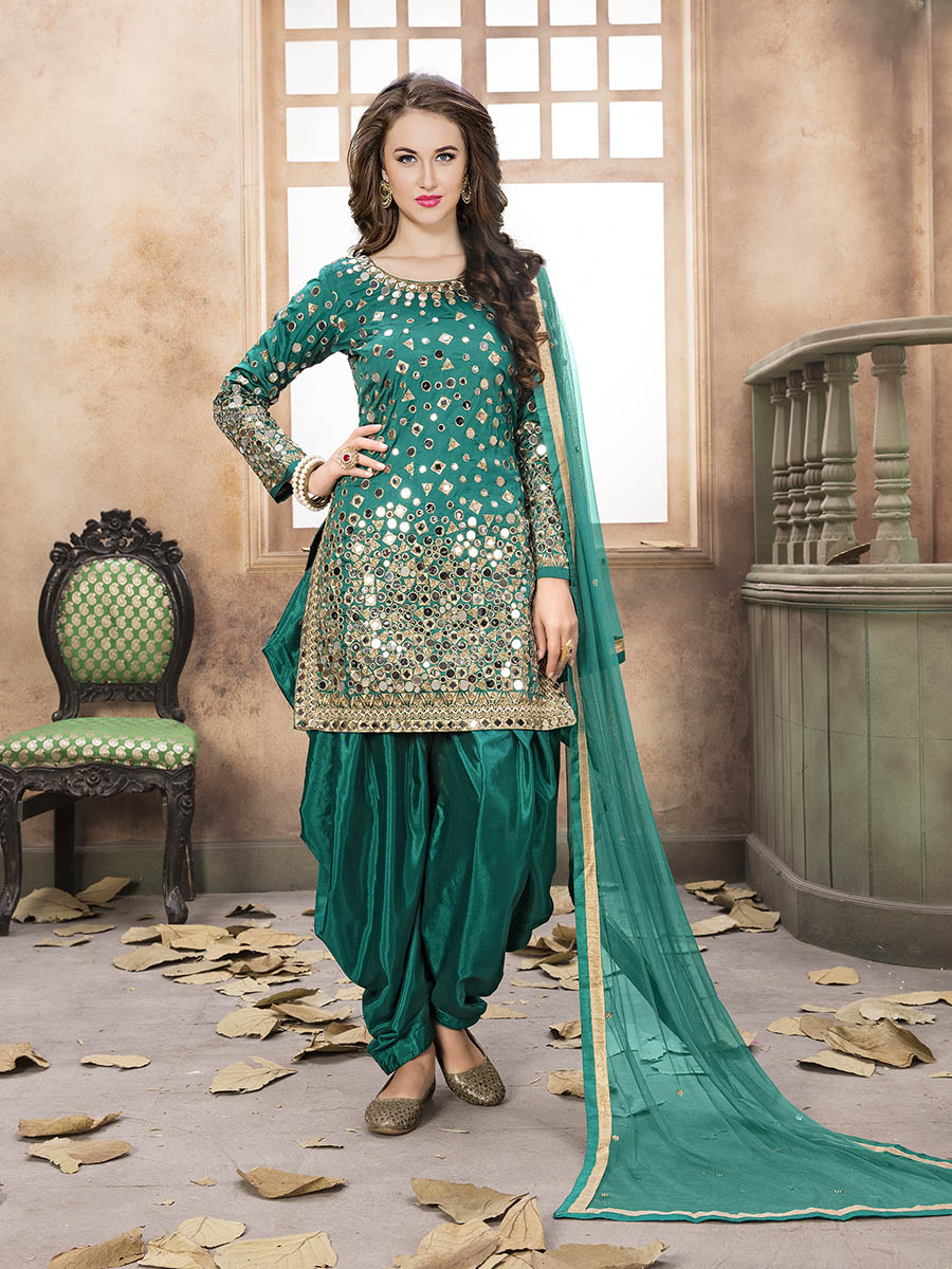 Myra Sea Green Tafeta Silk Patiyala Suit | Grocsy