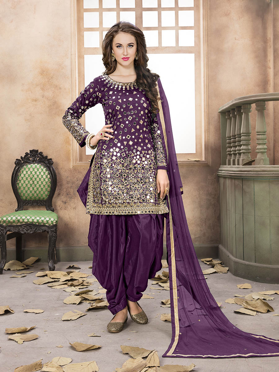 Myra Purple Tafeta Silk Patiyala Suit | Grocsy