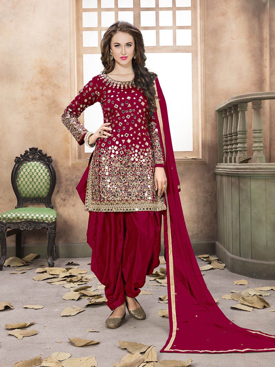 Myra Red Tafeta Silk Patiyala Suit | Grocsy
