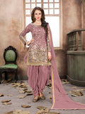 Myra Dusty Pink Tafeta Silk Patiyala Suit | Grocsy