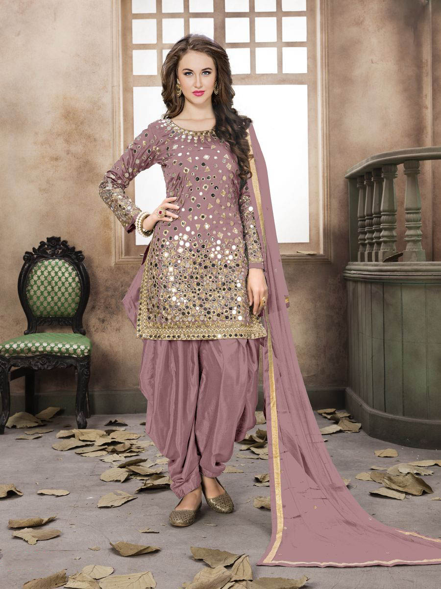 Myra Dusty Pink Tafeta Silk Patiyala Suit | Grocsy