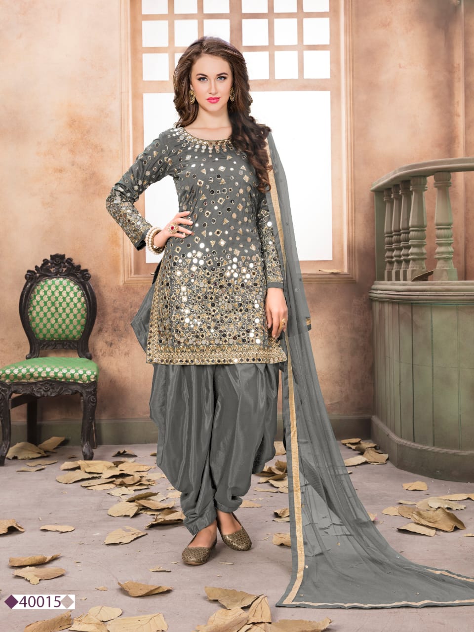 Myra Grey Tafeta Silk Patiyala Suit | Grocsy
