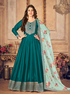 Myra Rama Green Silk Slub Embroidered Anarkali Suit | Grocsy