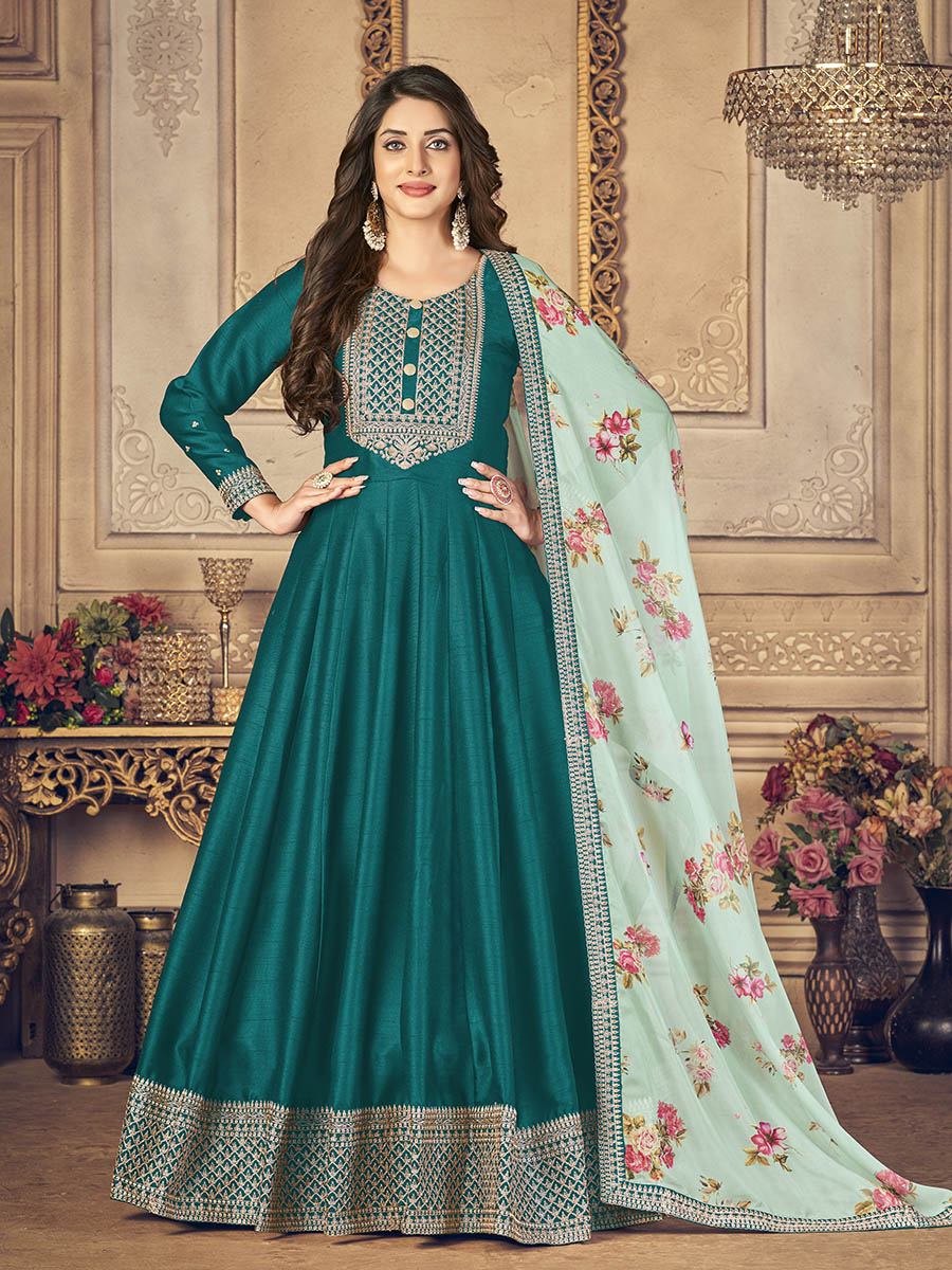 Myra Rama Green Silk Slub Embroidered Anarkali Suit | Grocsy