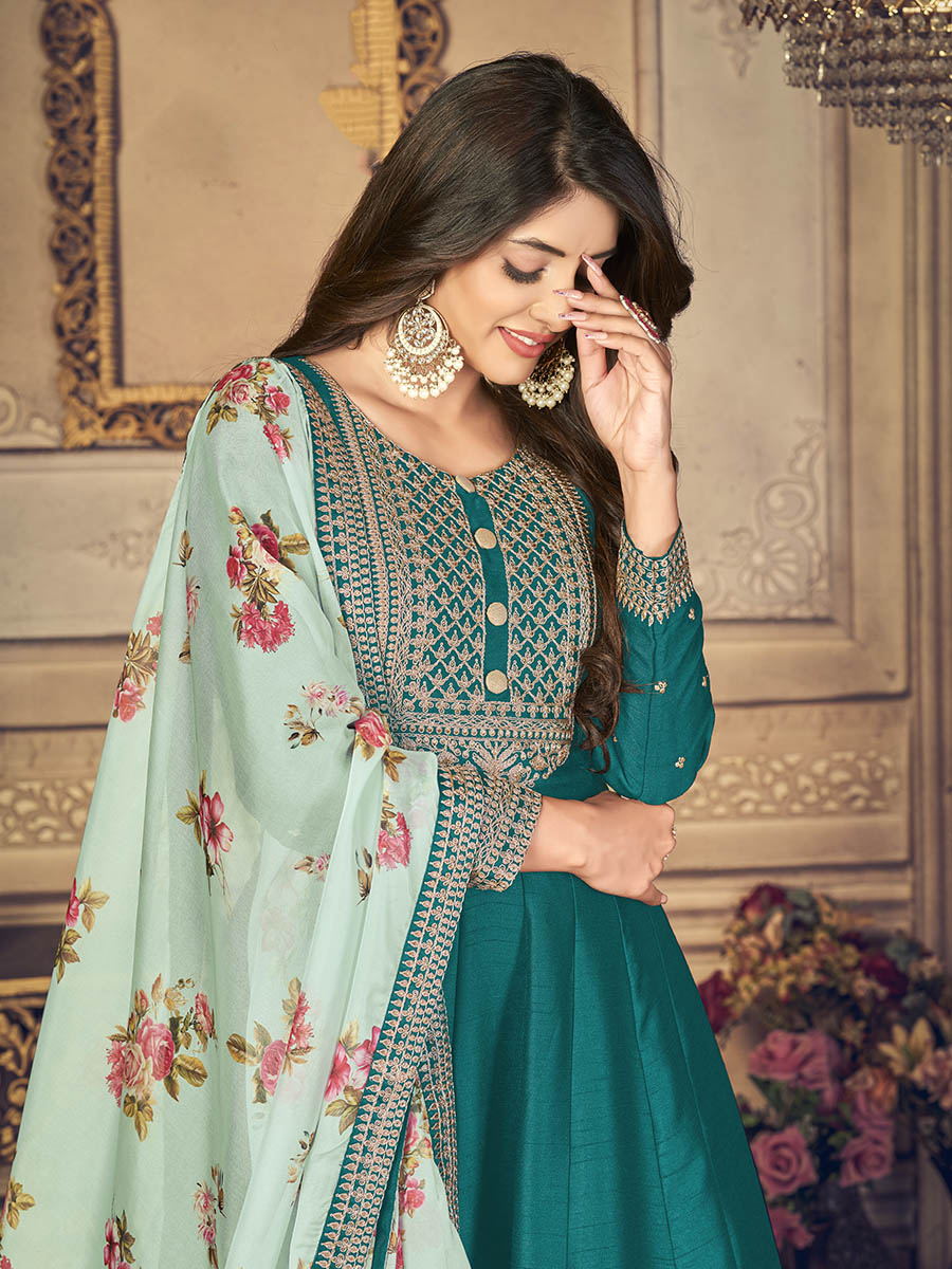 Myra Rama Green Silk Slub Embroidered Anarkali Suit | Grocsy