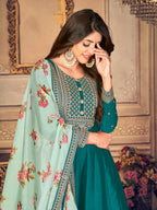 Myra Rama Green Silk Slub Embroidered Anarkali Suit | Grocsy