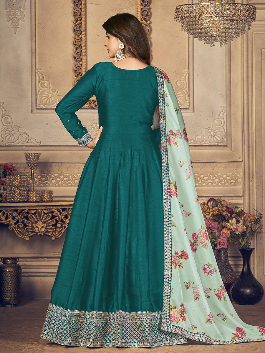 Myra Rama Green Silk Slub Embroidered Anarkali Suit | Grocsy