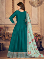 Myra Rama Green Silk Slub Embroidered Anarkali Suit | Grocsy