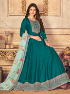 Myra Rama Green Silk Slub Embroidered Anarkali Suit | Grocsy