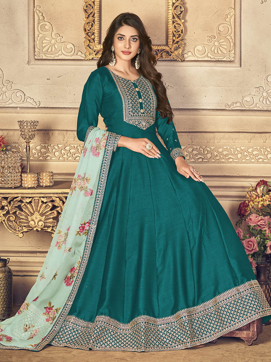 Myra Rama Green Silk Slub Embroidered Anarkali Suit | Grocsy