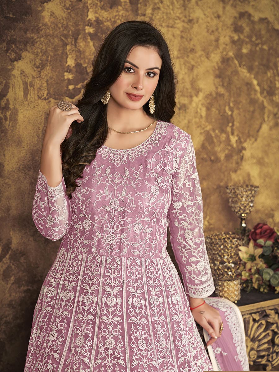 Myra Dusty Pink Butterfly Net Embroidered Anarkali Suit | Grocsy