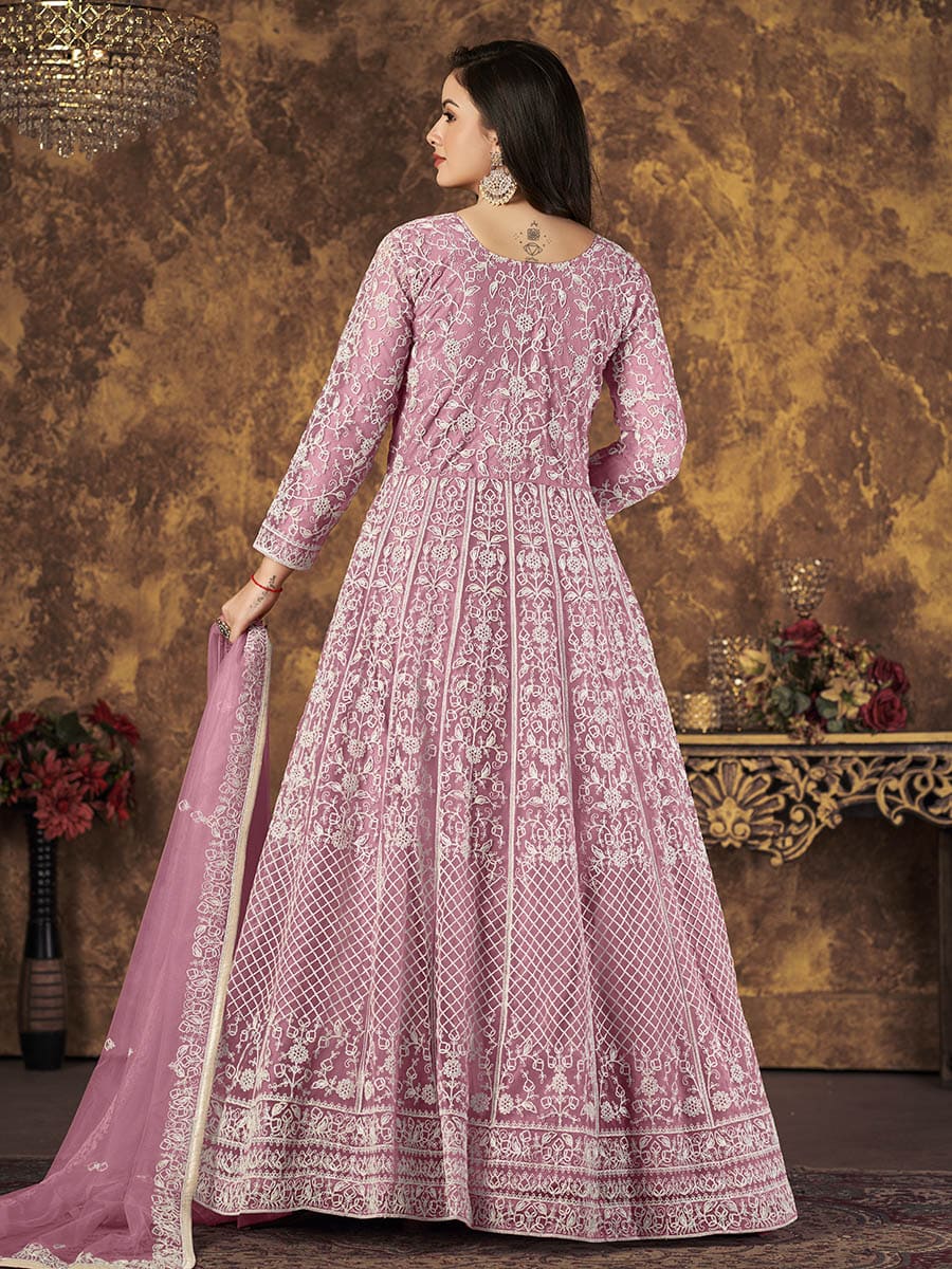 Myra Dusty Pink Butterfly Net Embroidered Anarkali Suit | Grocsy