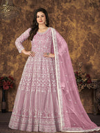 Myra Dusty Pink Butterfly Net Embroidered Anarkali Suit | Grocsy