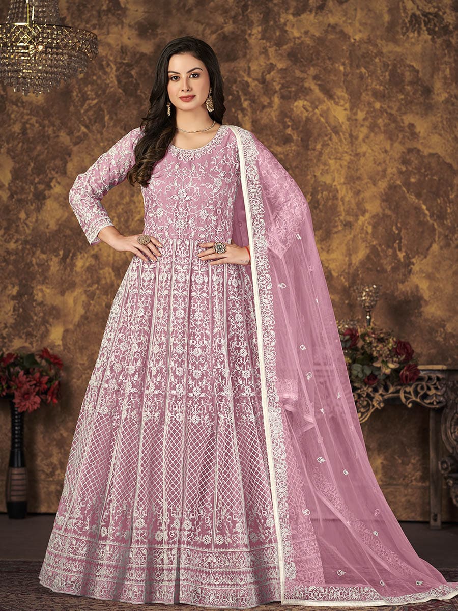 Myra Dusty Pink Butterfly Net Embroidered Anarkali Suit | Grocsy