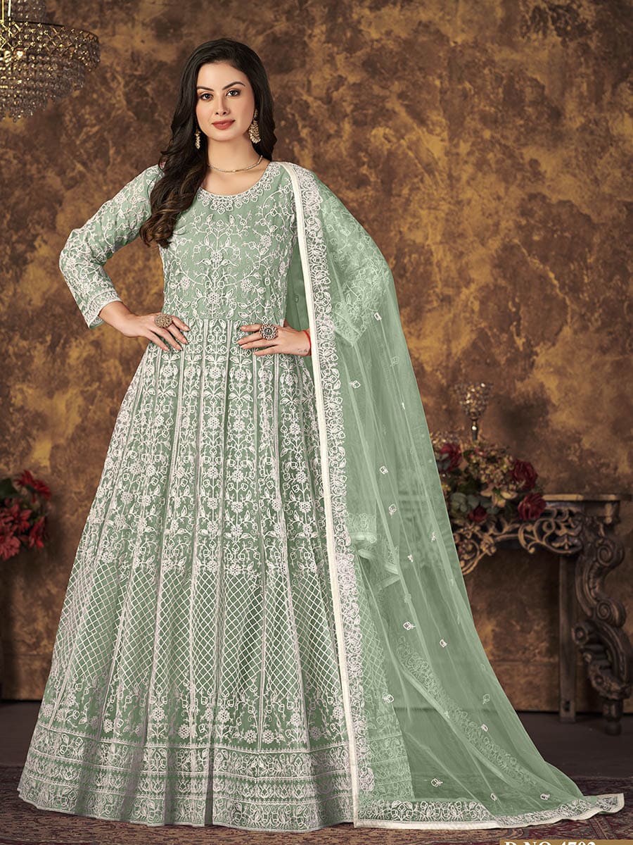Myra Dusty Pista Butterfly Net Embroidered Anarkali Suit | Grocsy
