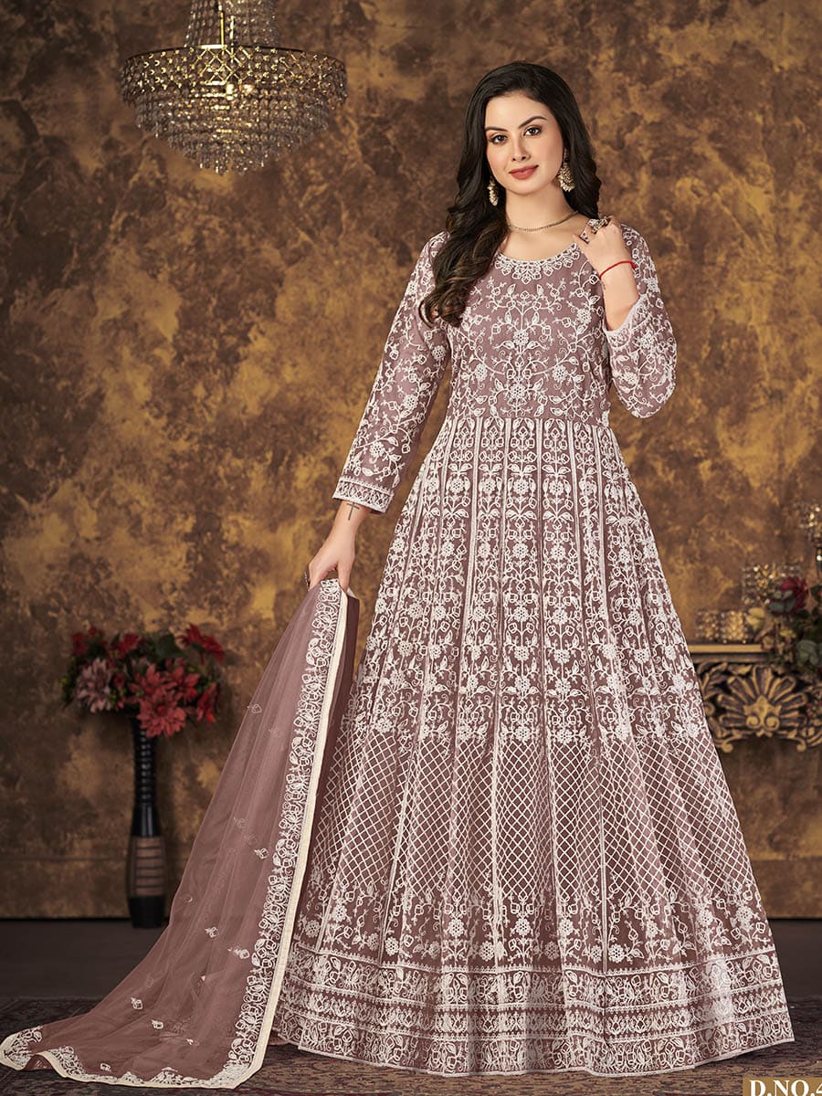 Myra Dusty Brown Butterfly Net Embroidered Anarkali Suit | Grocsy