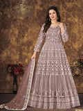 Myra Dusty Brown Butterfly Net Embroidered Anarkali Suit | Grocsy