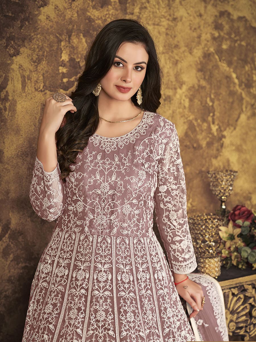 Myra Dusty Brown Butterfly Net Embroidered Anarkali Suit | Grocsy