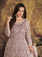 Myra Dusty Brown Butterfly Net Embroidered Anarkali Suit | Grocsy