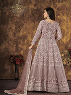 Myra Dusty Brown Butterfly Net Embroidered Anarkali Suit | Grocsy