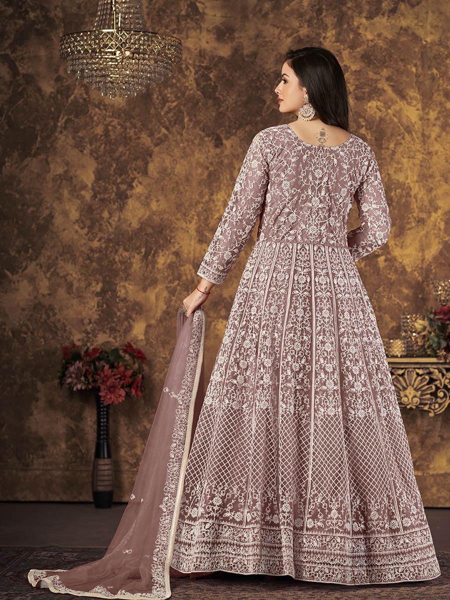Myra Dusty Brown Butterfly Net Embroidered Anarkali Suit | Grocsy