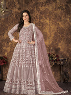 Myra Dusty Brown Butterfly Net Embroidered Anarkali Suit | Grocsy