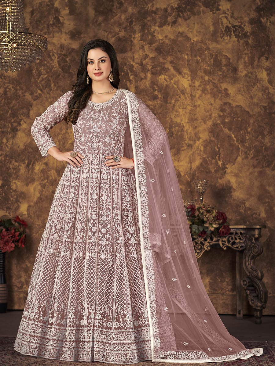 Myra Dusty Brown Butterfly Net Embroidered Anarkali Suit | Grocsy