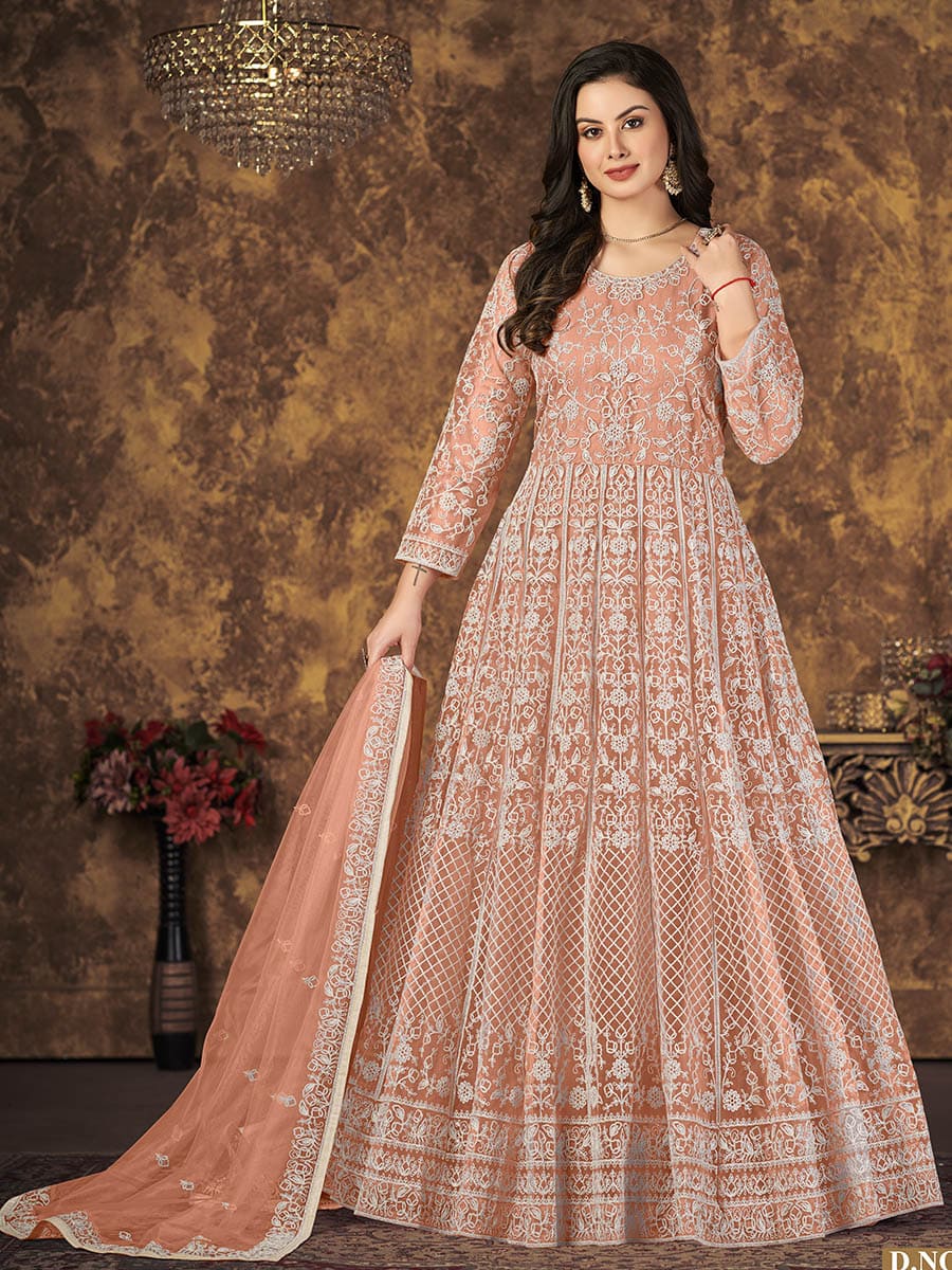 Myra Dusty Peach Butterfly Net Embroidered Anarkali Suit | Grocsy