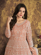Myra Dusty Peach Butterfly Net Embroidered Anarkali Suit | Grocsy