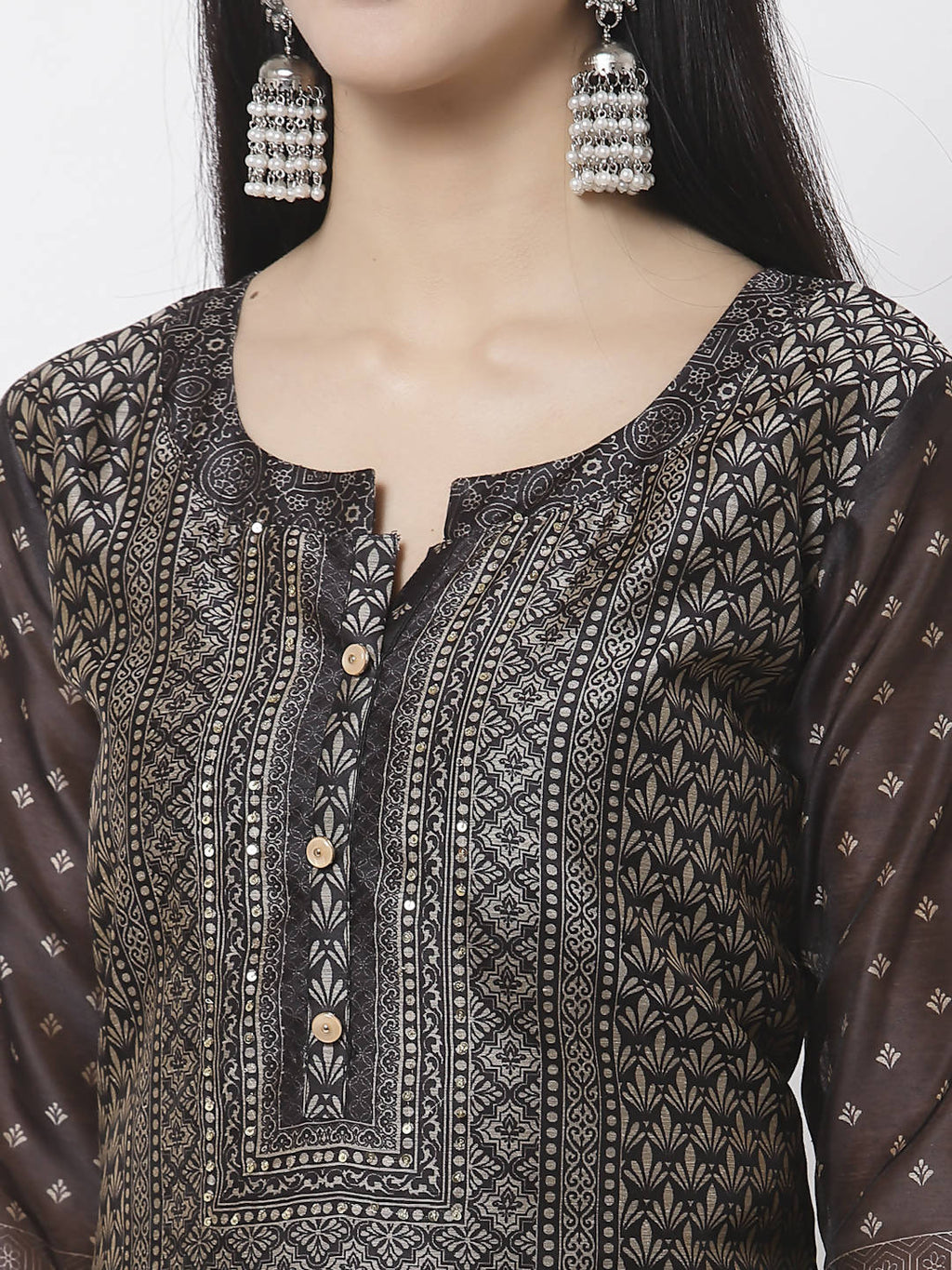Myshka Black Chanderi Silk Embroidered 3/4 Sleeve Round Neck Kurta Pant Dupatta Set | Grocsy