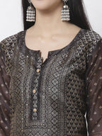 Myshka Black Chanderi Silk Embroidered 3/4 Sleeve Round Neck Kurta Pant Dupatta Set | Grocsy