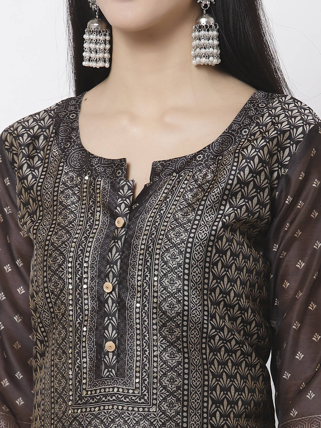 Myshka Black Chanderi Silk Embroidered 3/4 Sleeve Round Neck Kurta Pant Dupatta Set | Grocsy