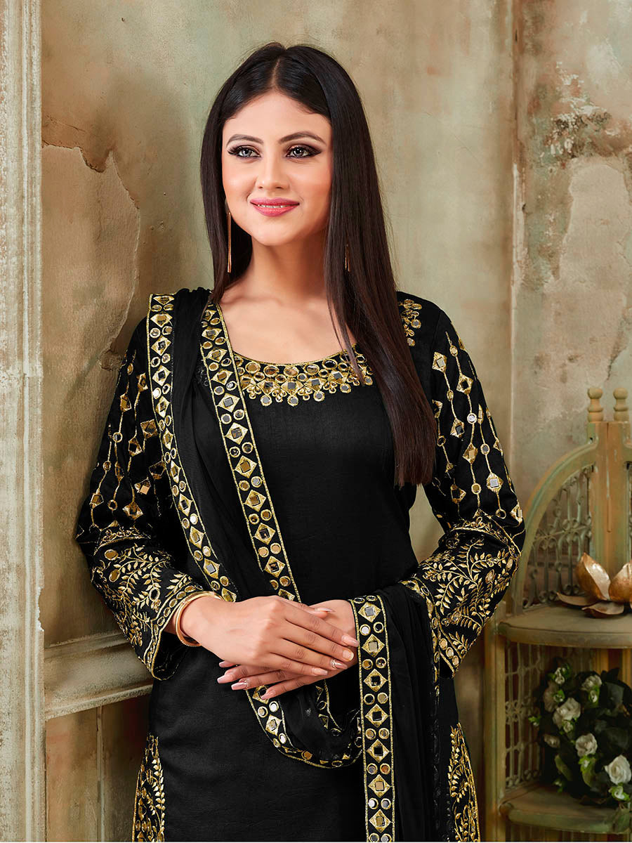 Myra Black Art Silk Real Glass Work Suit | Grocsy