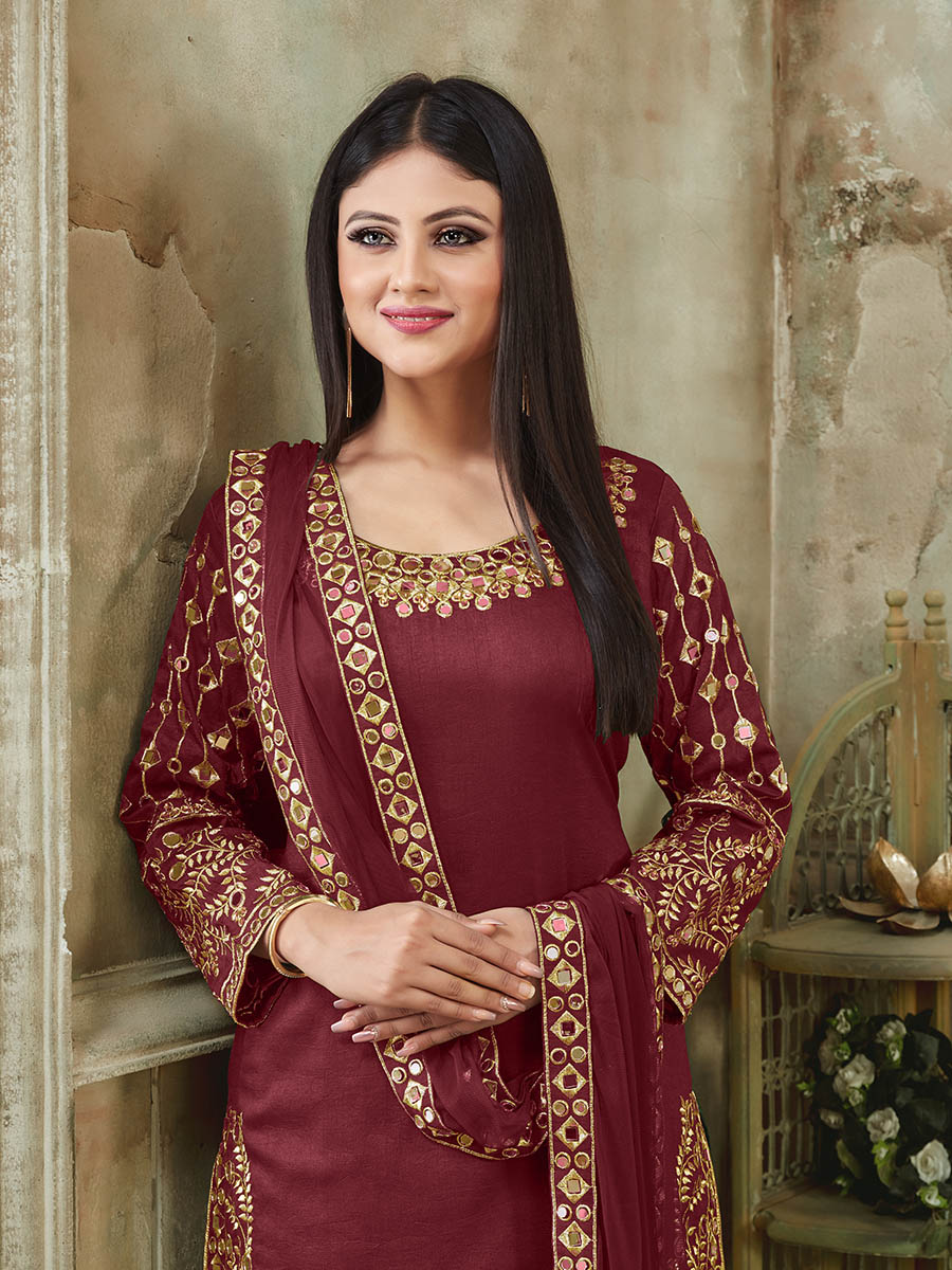 Myra Red Art Silk Real Glass Work Suit | Grocsy