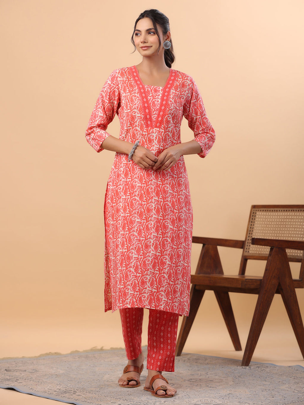 Janasya Regular Poly Cotton Red Printed Square Neck Set | Grocsy