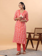 Janasya Regular Poly Cotton Red Printed Square Neck Set | Grocsy