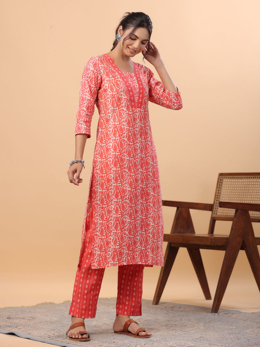 Janasya Regular Poly Cotton Red Printed Square Neck Set | Grocsy