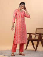 Janasya Regular Poly Cotton Red Printed Square Neck Set | Grocsy