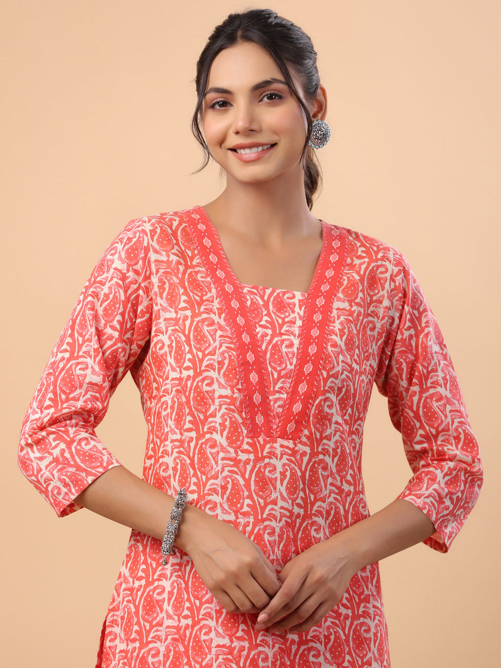 Janasya Regular Poly Cotton Red Printed Square Neck Set | Grocsy