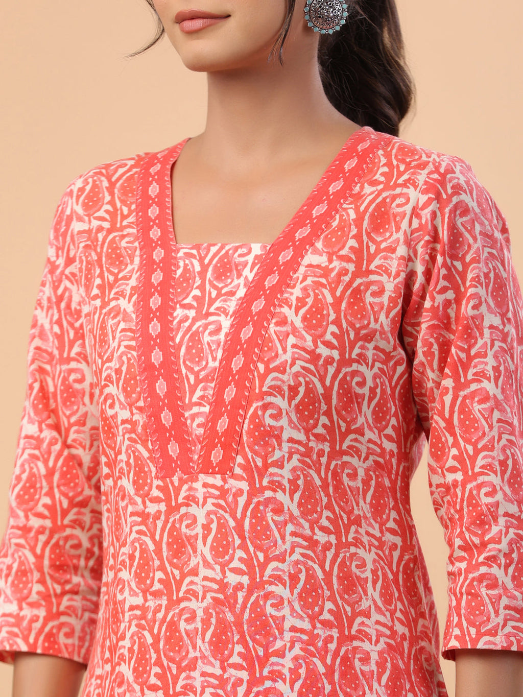 Janasya Regular Poly Cotton Red Printed Square Neck Set | Grocsy