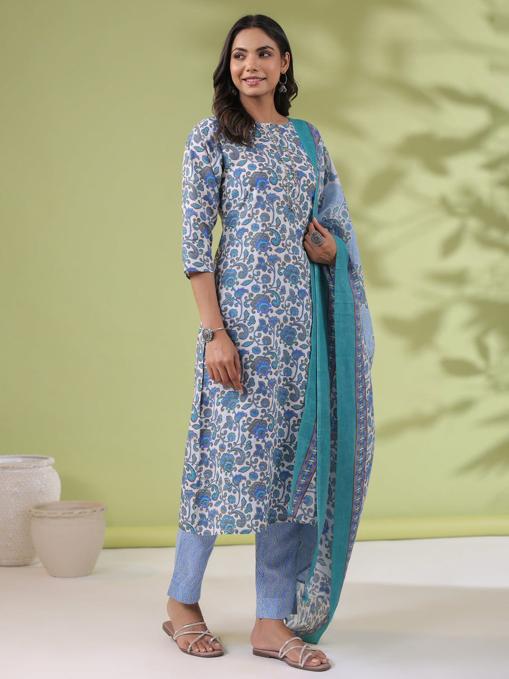 Janasya Regular Poly Cotton White Floral Round Neck Kurta Set | Grocsy