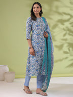 Janasya Regular Poly Cotton White Floral Round Neck Kurta Set | Grocsy