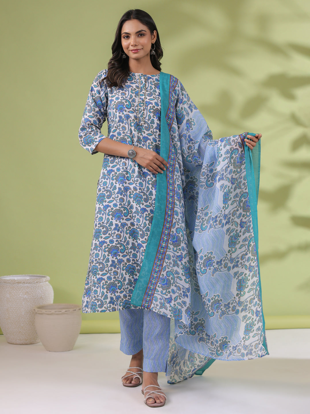 Janasya Regular Poly Cotton White Floral Round Neck Kurta Set | Grocsy