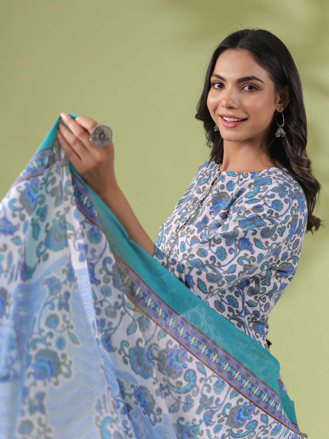 Janasya Regular Poly Cotton White Floral Round Neck Kurta Set | Grocsy