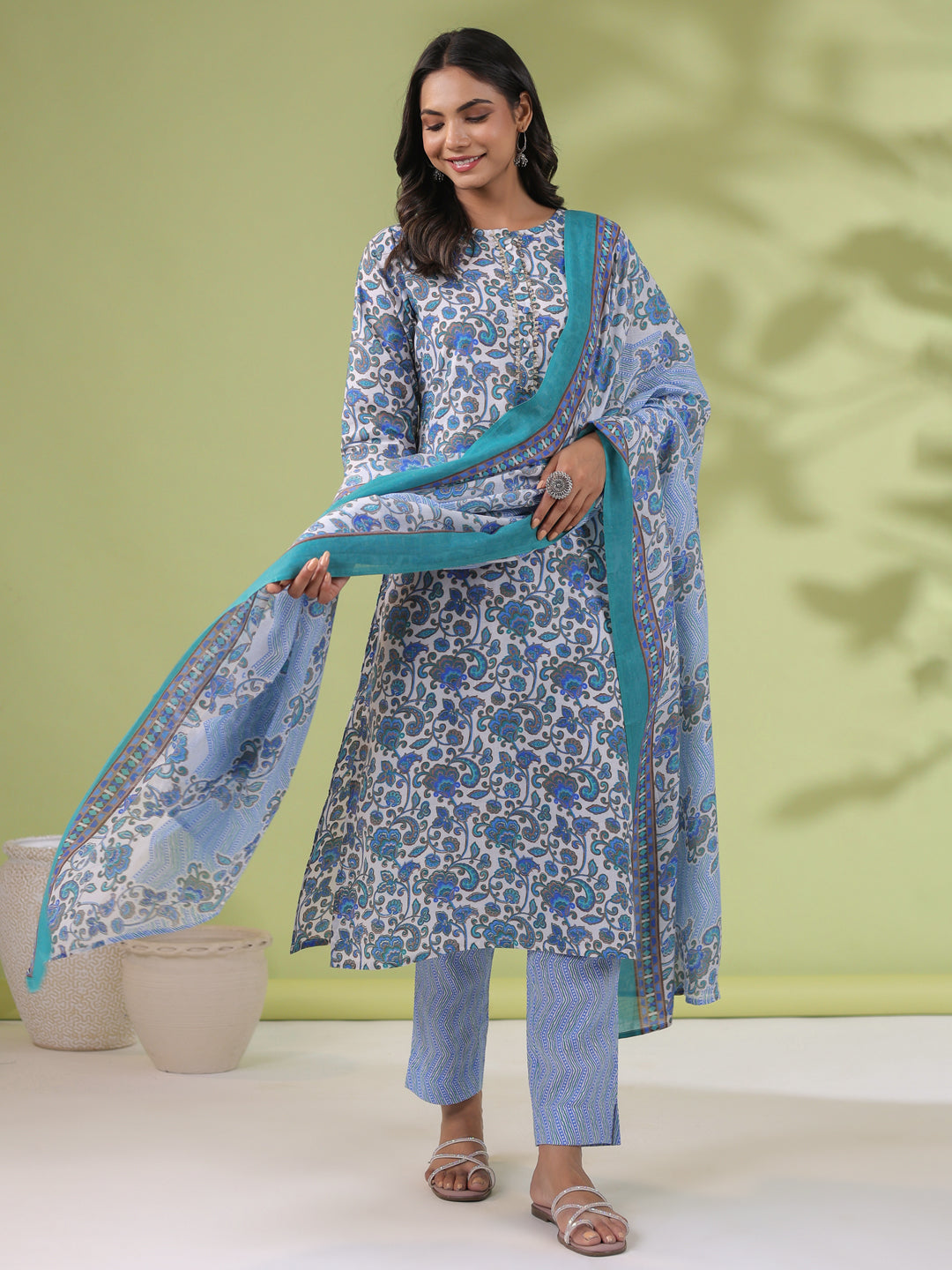 Janasya Regular Poly Cotton White Floral Round Neck Kurta Set | Grocsy