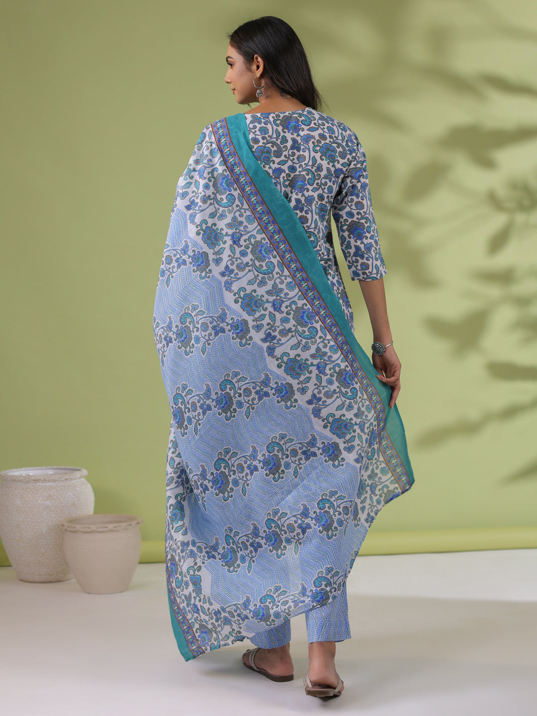 Janasya Regular Poly Cotton White Floral Round Neck Kurta Set | Grocsy
